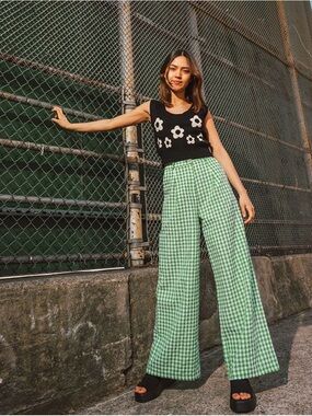 FRNCH Green and White Gingham Wide-Leg Pants